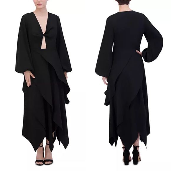 BCBGMaxAzria Dresses & Skirts - Bcbgmaxazria‎ Black Asymmetrical Flounce Midi Dress Cutout Long Sleeve 4 Elegant